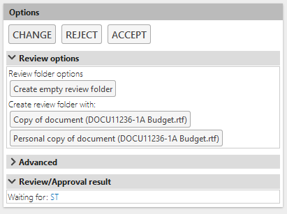 Options available for a Document in Review